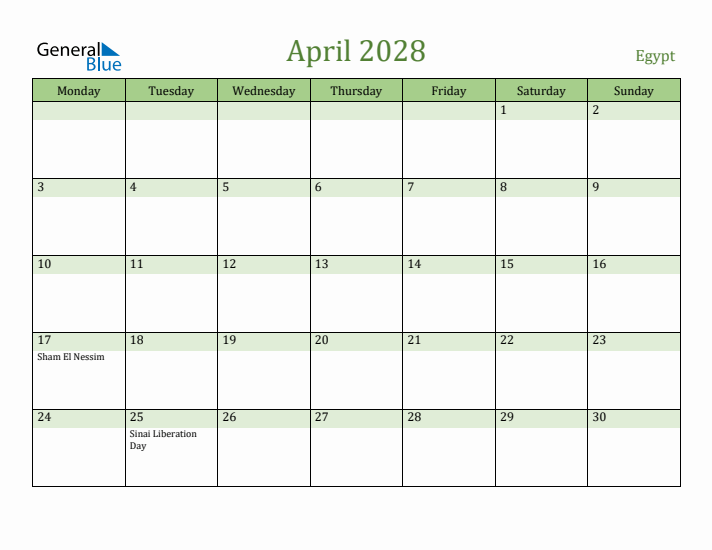 April 2028 Calendar with Egypt Holidays