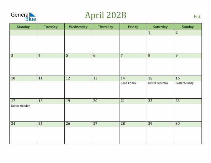 April 2028 Calendar with Fiji Holidays