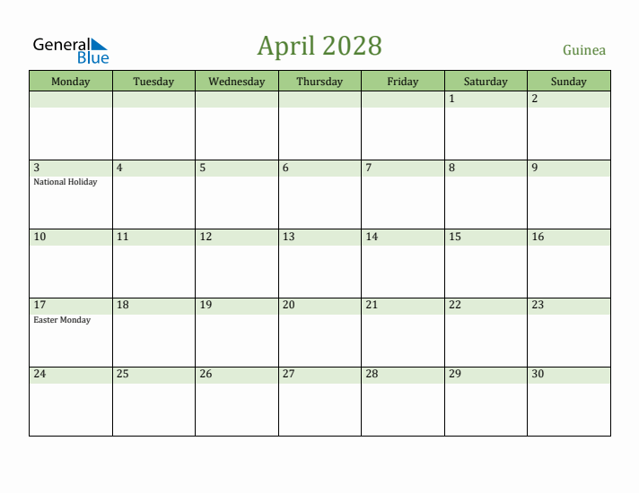 April 2028 Calendar with Guinea Holidays