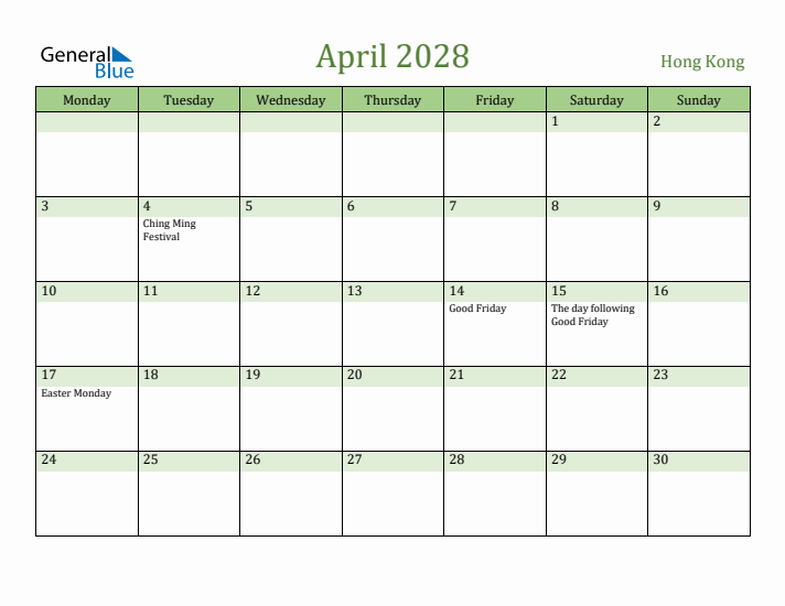April 2028 Calendar with Hong Kong Holidays
