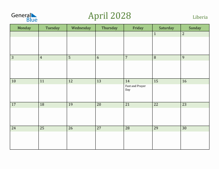 April 2028 Calendar with Liberia Holidays