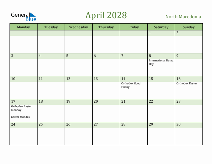 April 2028 Calendar with North Macedonia Holidays