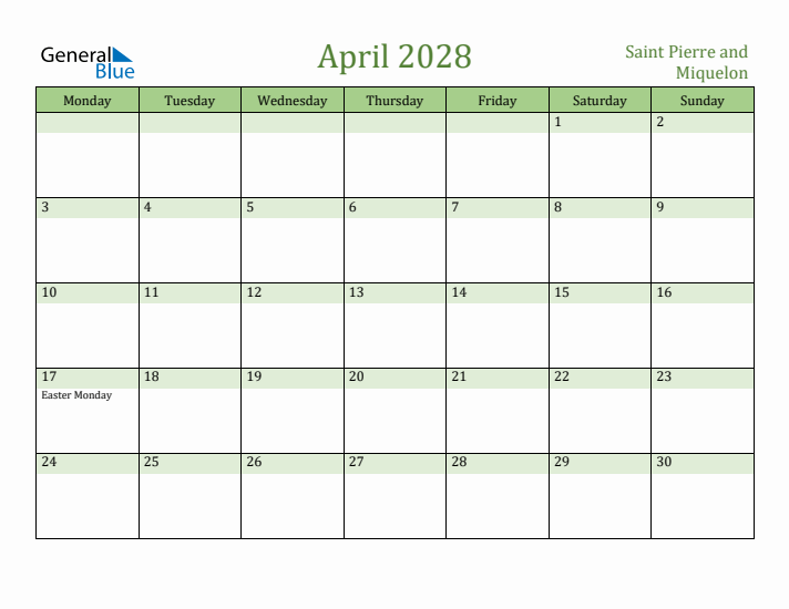 April 2028 Calendar with Saint Pierre and Miquelon Holidays