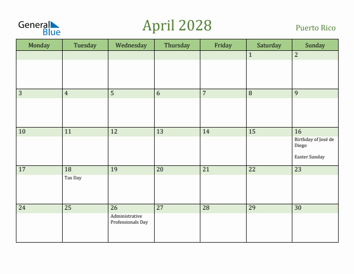 April 2028 Calendar with Puerto Rico Holidays