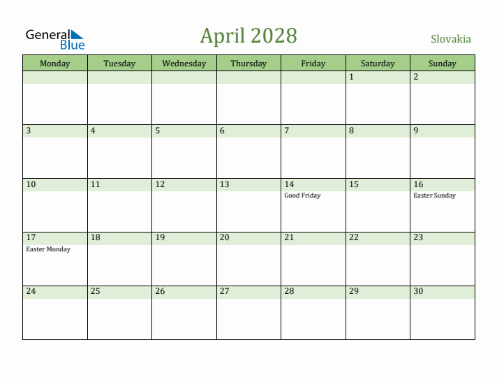 April 2028 Calendar with Slovakia Holidays