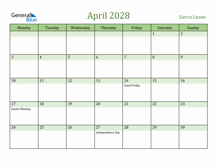 April 2028 Calendar with Sierra Leone Holidays