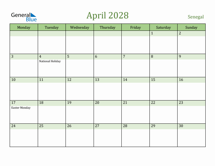 April 2028 Calendar with Senegal Holidays
