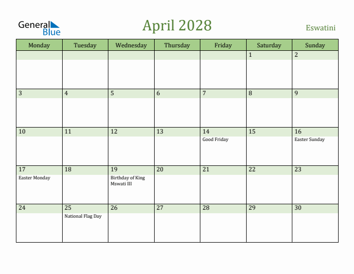 April 2028 Calendar with Eswatini Holidays