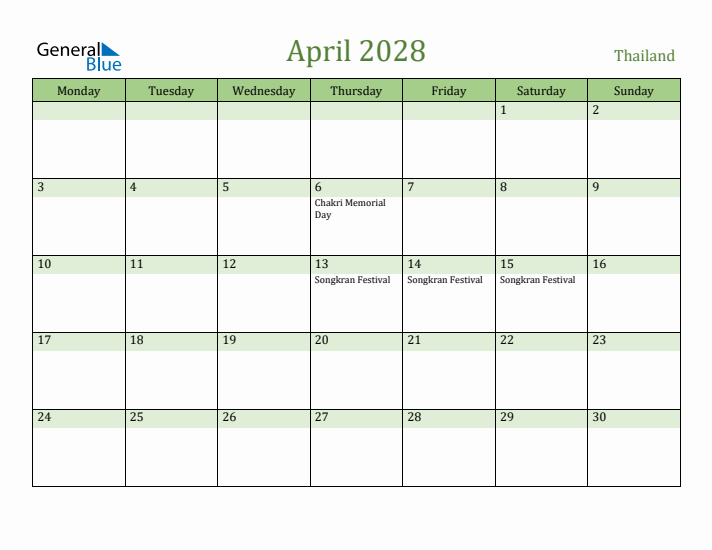 April 2028 Calendar with Thailand Holidays
