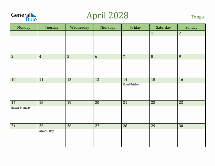 April 2028 Calendar with Tonga Holidays