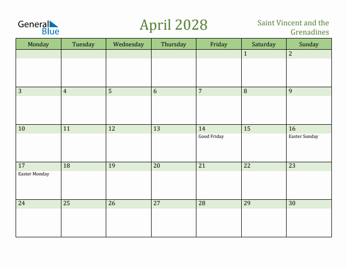 April 2028 Calendar with Saint Vincent and the Grenadines Holidays