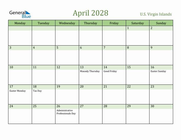 April 2028 Calendar with U.S. Virgin Islands Holidays