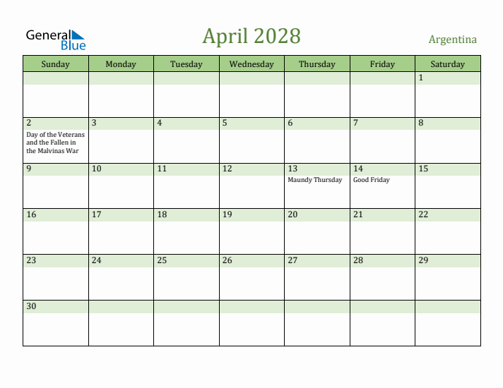 April 2028 Calendar with Argentina Holidays