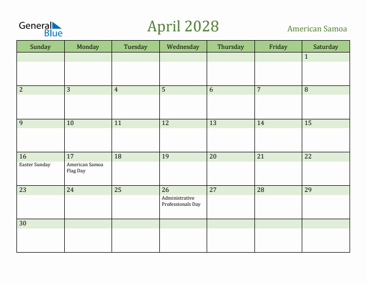 April 2028 Calendar with American Samoa Holidays
