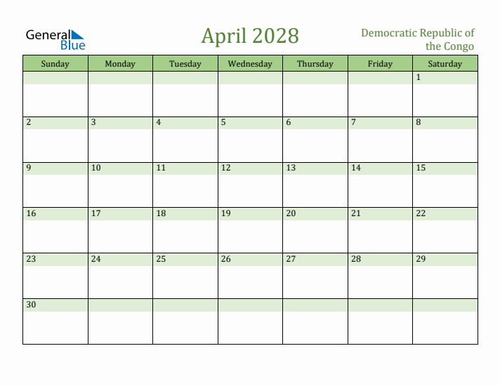 April 2028 Calendar with Democratic Republic of the Congo Holidays