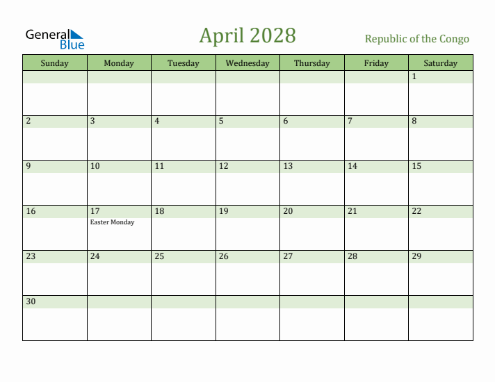 April 2028 Calendar with Republic of the Congo Holidays