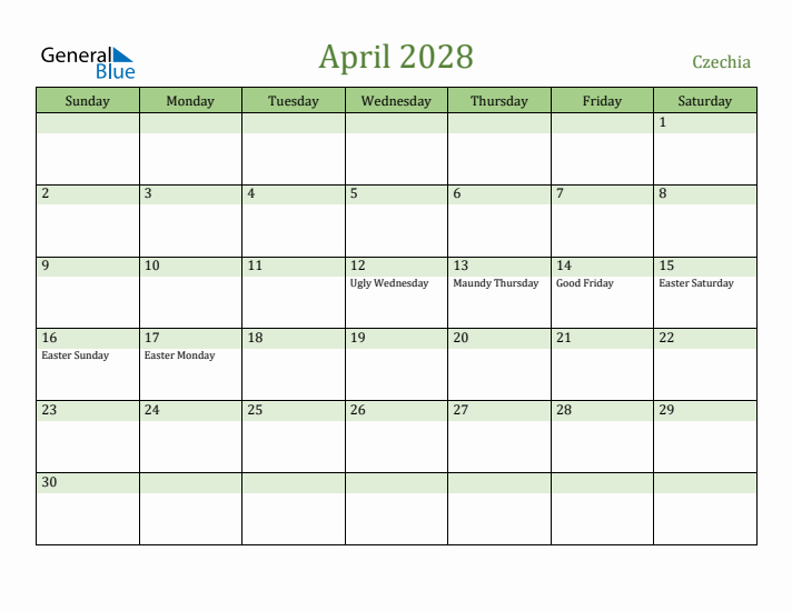 April 2028 Calendar with Czechia Holidays