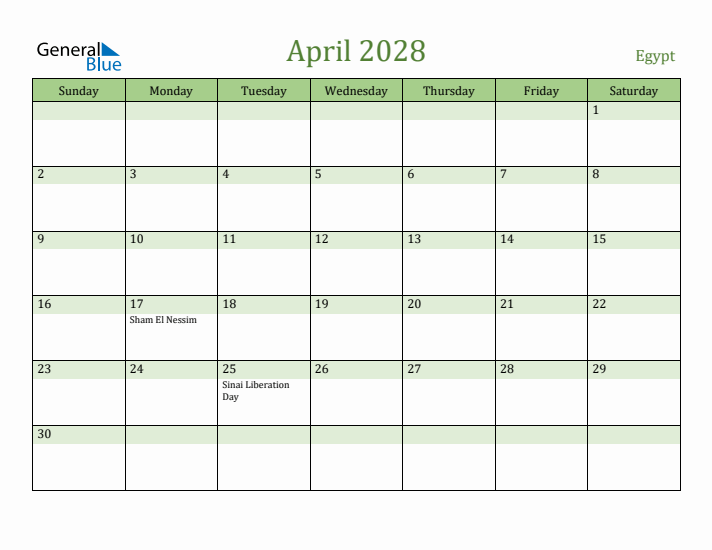 April 2028 Calendar with Egypt Holidays