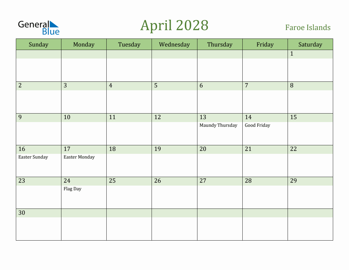 Fillable Holiday Calendar for Faroe Islands - April 2028