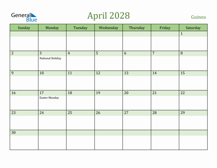 April 2028 Calendar with Guinea Holidays