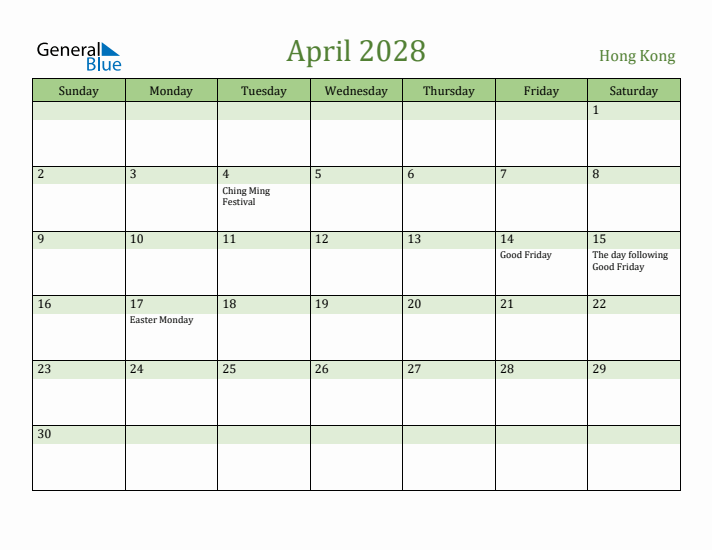 April 2028 Calendar with Hong Kong Holidays