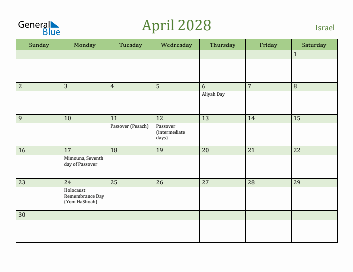 April 2028 Calendar with Israel Holidays