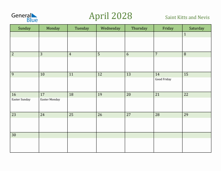 April 2028 Calendar with Saint Kitts and Nevis Holidays