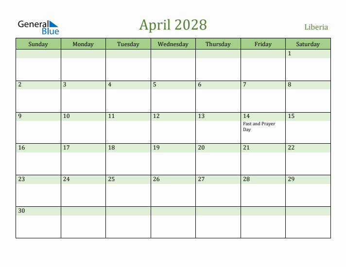 April 2028 Calendar with Liberia Holidays