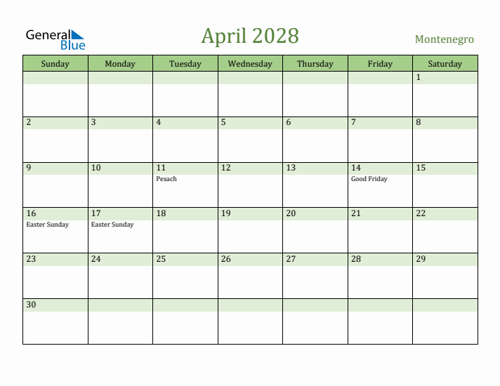 April 2028 Calendar with Montenegro Holidays