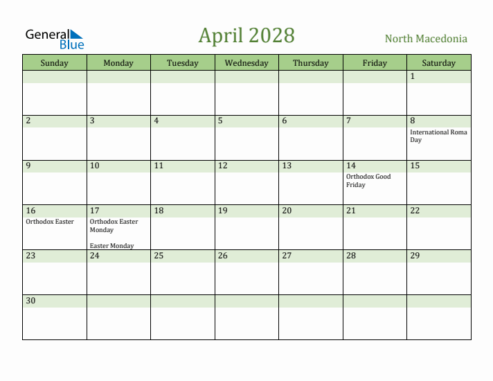 April 2028 Calendar with North Macedonia Holidays