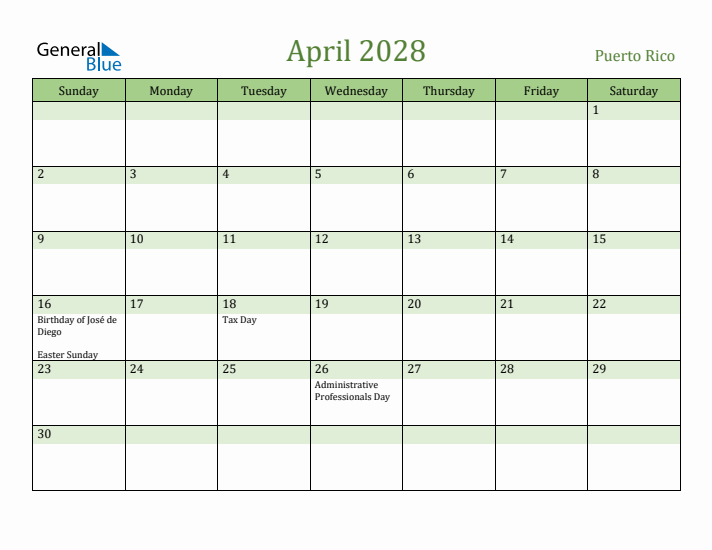 April 2028 Calendar with Puerto Rico Holidays