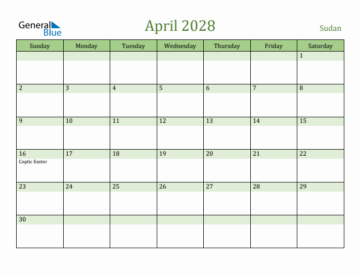 April 2028 Calendar with Sudan Holidays