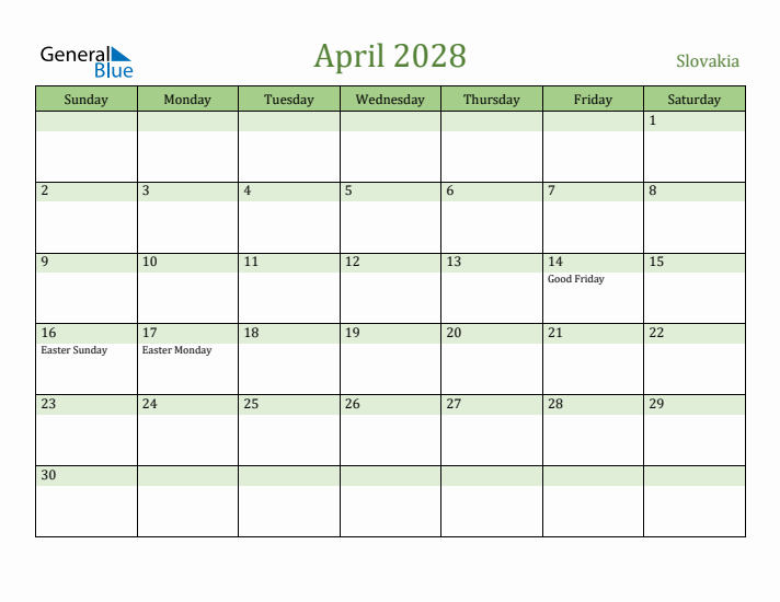 April 2028 Calendar with Slovakia Holidays