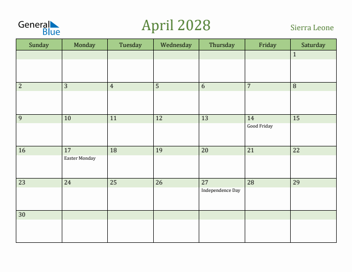 April 2028 Calendar with Sierra Leone Holidays
