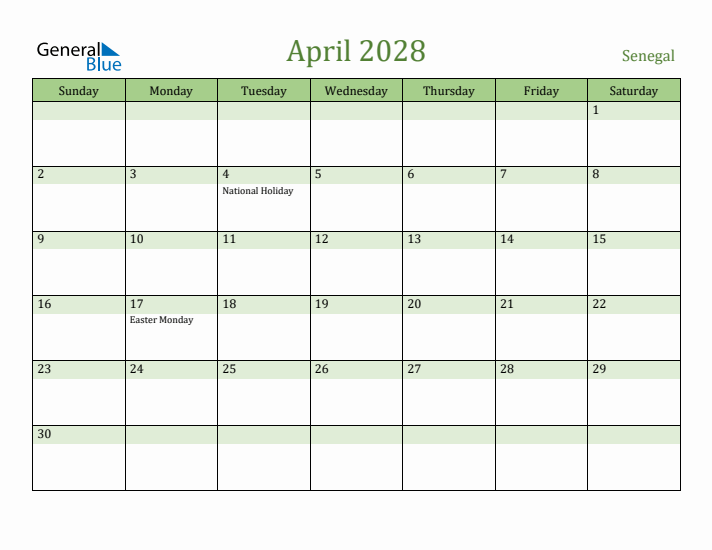 April 2028 Calendar with Senegal Holidays