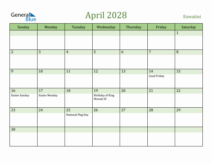 April 2028 Calendar with Eswatini Holidays