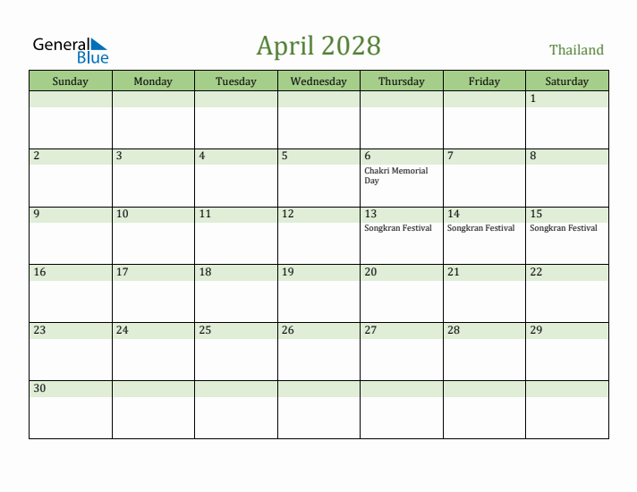 April 2028 Calendar with Thailand Holidays