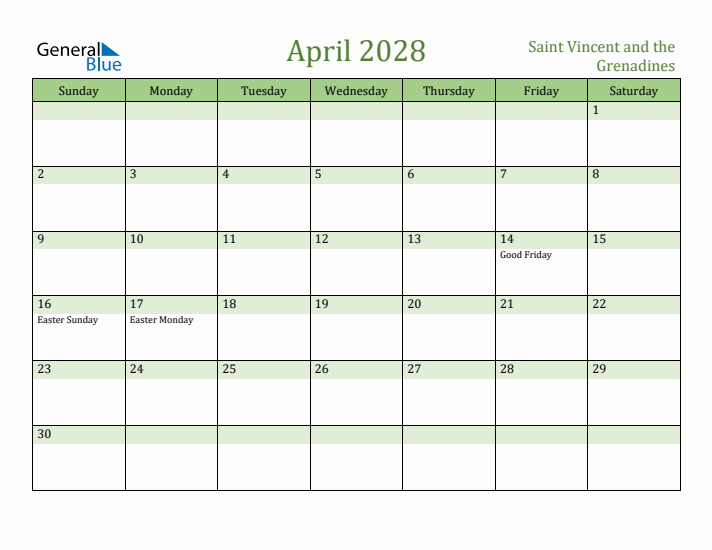 April 2028 Calendar with Saint Vincent and the Grenadines Holidays