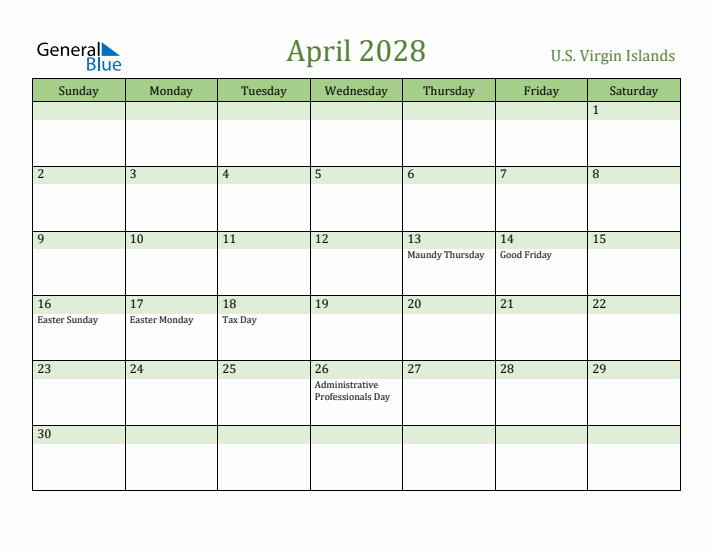 April 2028 Calendar with U.S. Virgin Islands Holidays