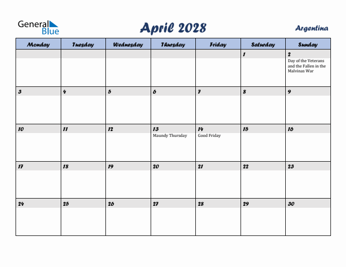 April 2028 Calendar with Holidays in Argentina