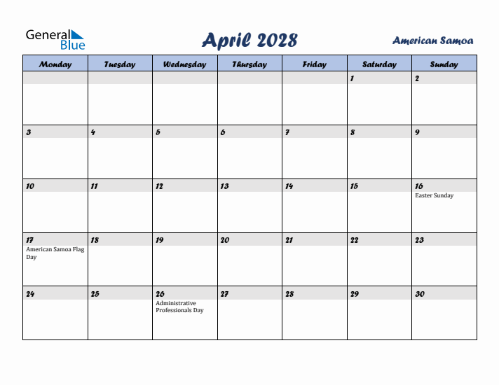 April 2028 Calendar with Holidays in American Samoa