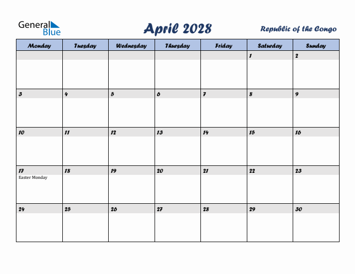April 2028 Calendar with Holidays in Republic of the Congo