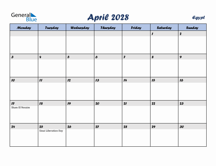 April 2028 Calendar with Holidays in Egypt