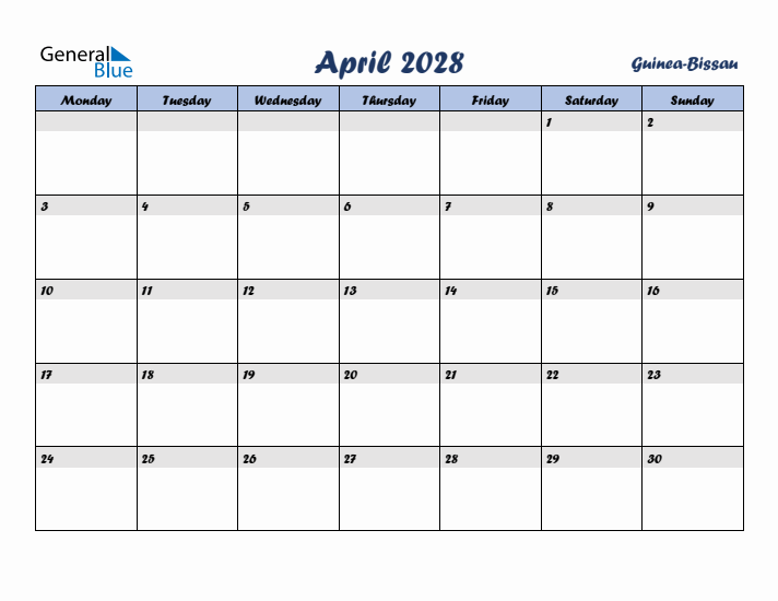 April 2028 Calendar with Holidays in Guinea-Bissau