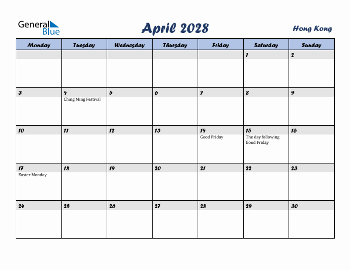April 2028 Calendar with Holidays in Hong Kong