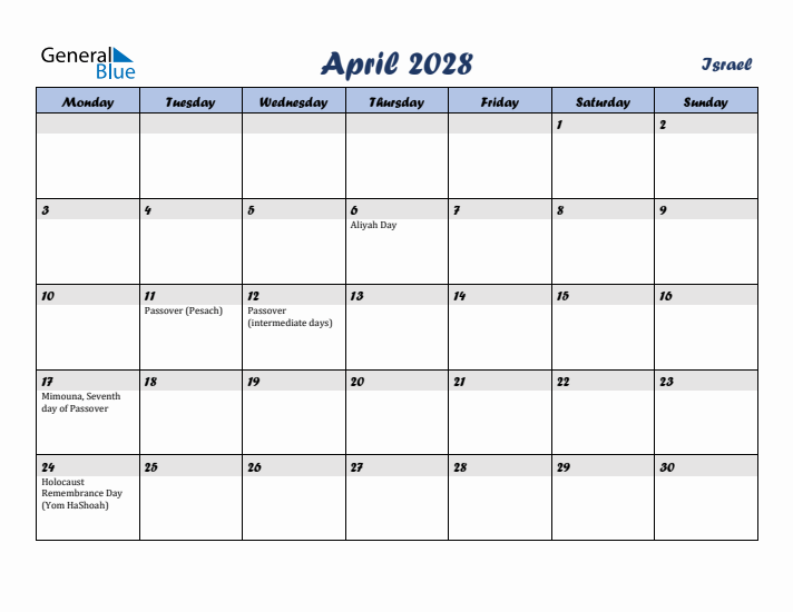 April 2028 Calendar with Holidays in Israel