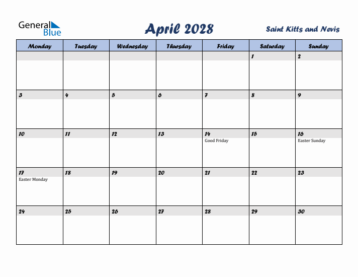 April 2028 Calendar with Holidays in Saint Kitts and Nevis