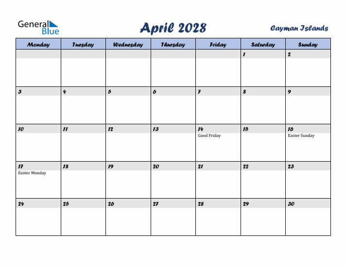 April 2028 Calendar with Holidays in Cayman Islands