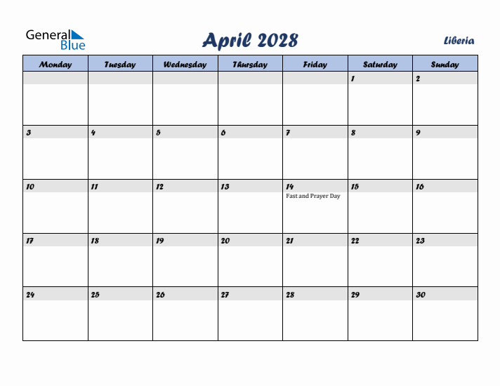 April 2028 Calendar with Holidays in Liberia