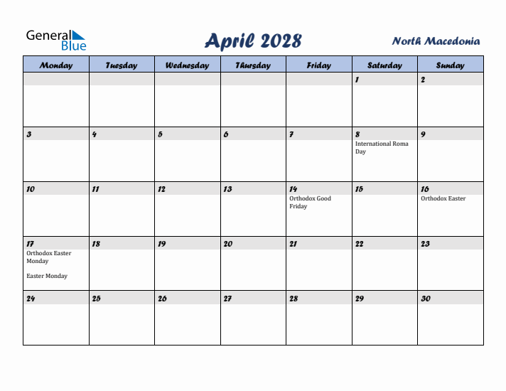 April 2028 Calendar with Holidays in North Macedonia
